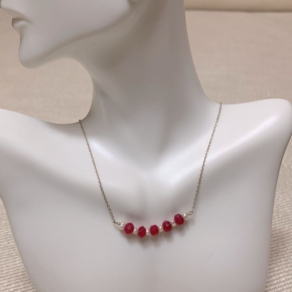 HANDMADE RUBY & Freshwater Pearls necklace sterling silver chain Handmade NEW